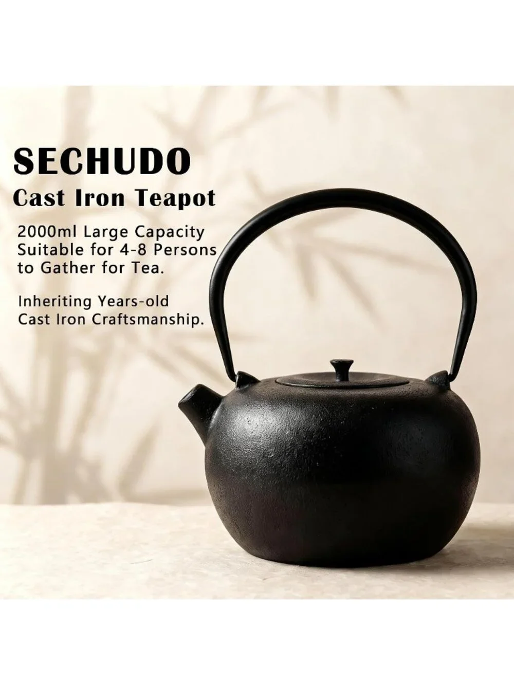 Black Cast Iron Kitchen Chinese Teapot 67.6oz 2000 ml Stovetop Induction Infuser